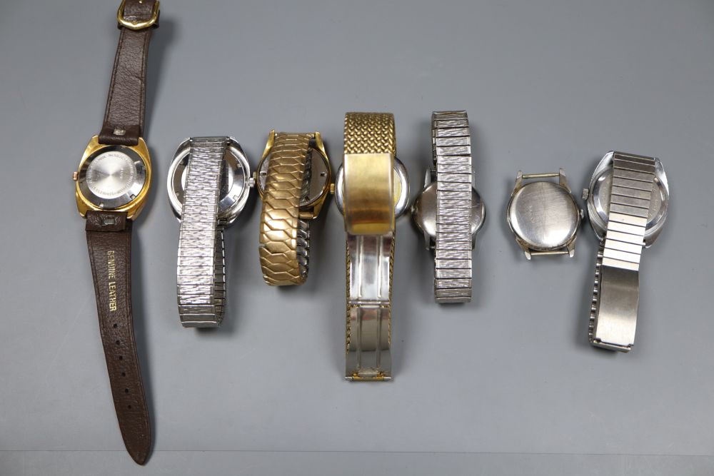 Seven assorted gentlemans wrist watches, including Ingersoll and Montine.